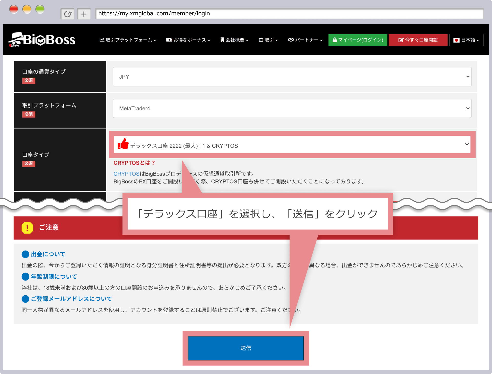 デラックス口座を選択し、送信をクリック