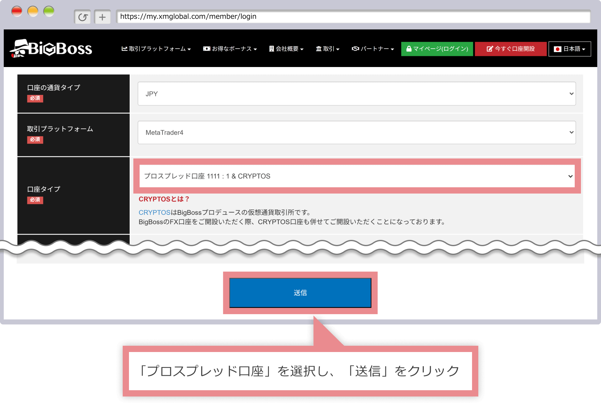 プロスプレッド口座を選択し、送信をクリック