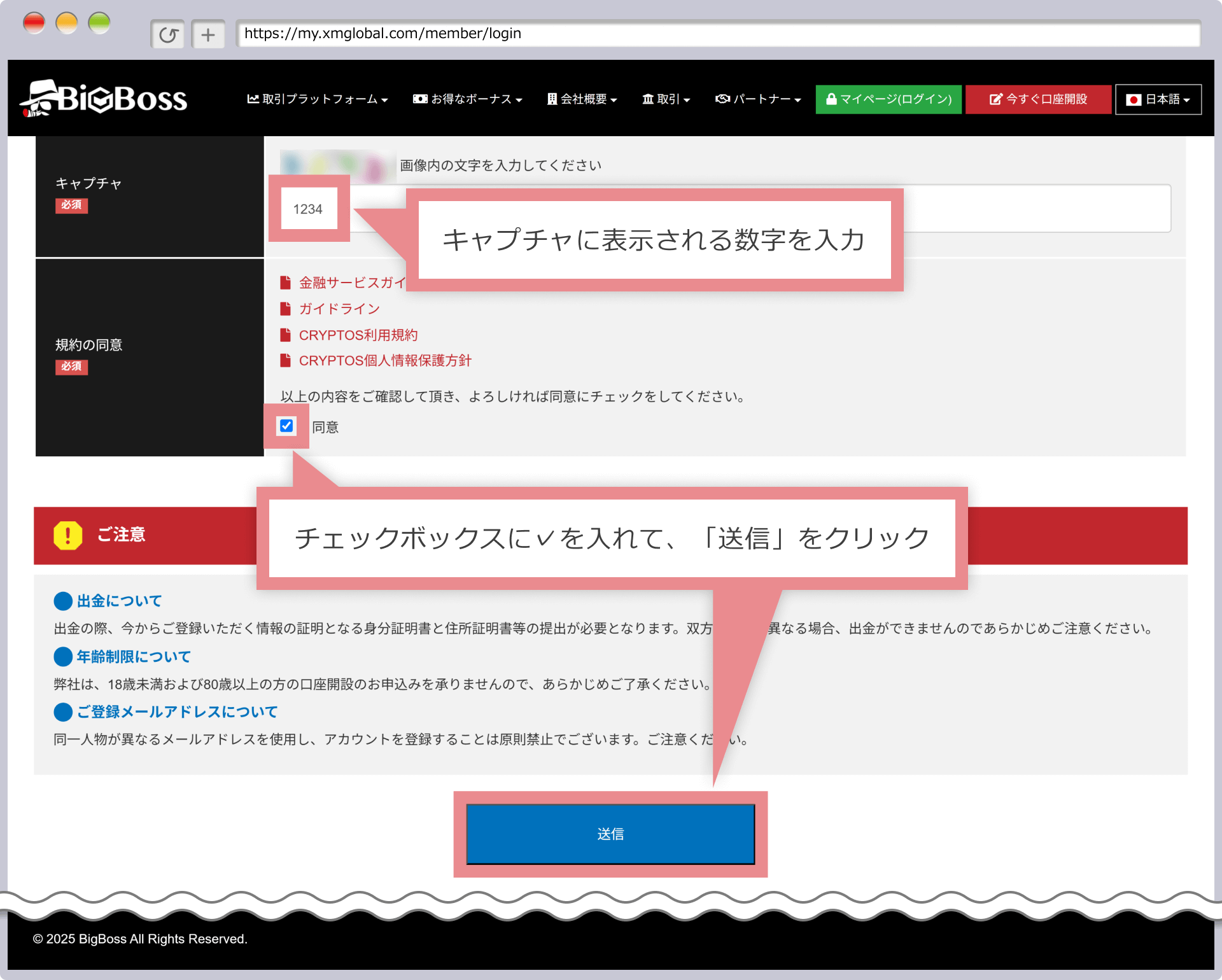 キャプチャ認証と規約の同意