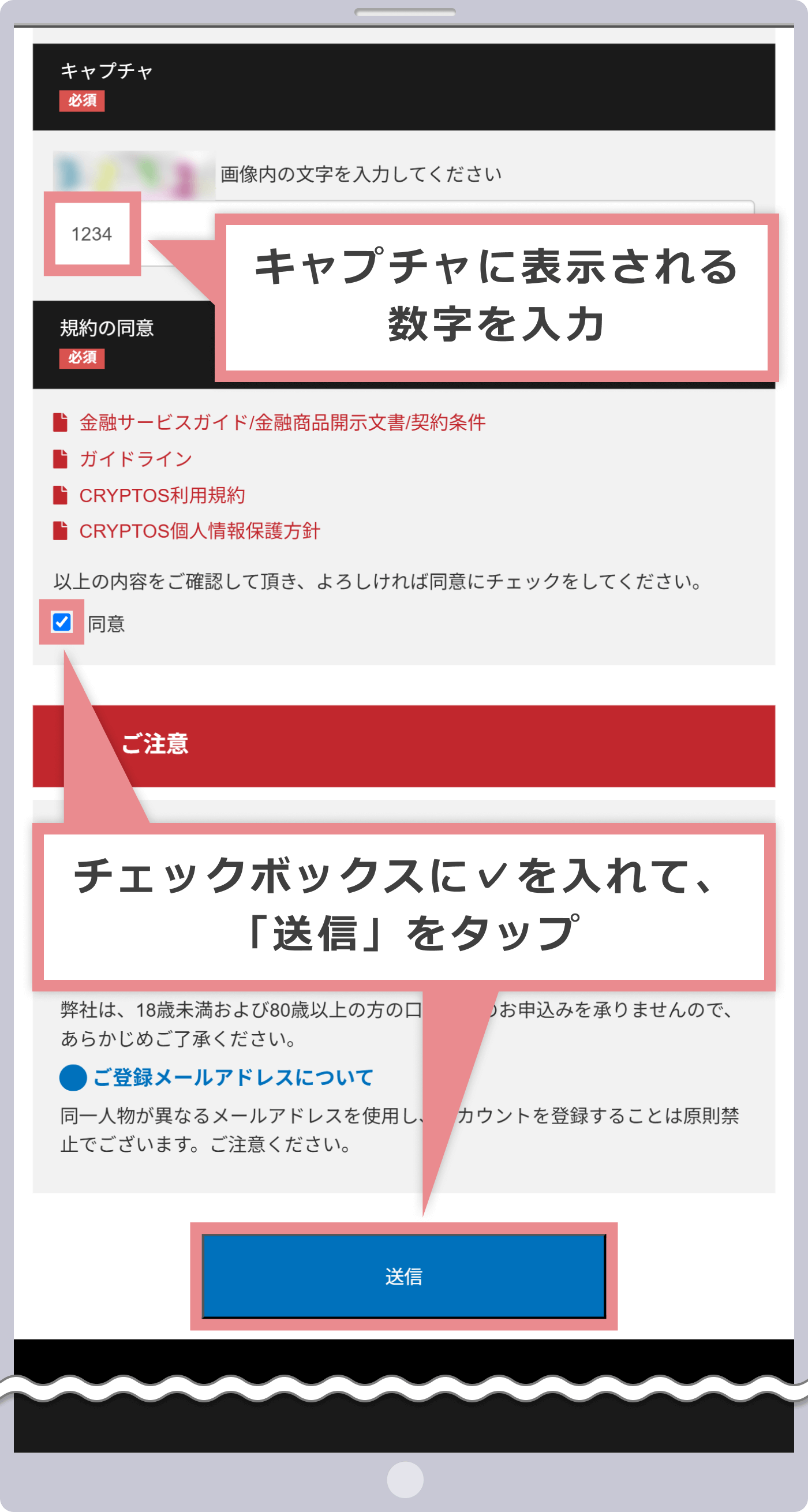 キャプチャ認証と規約の同意