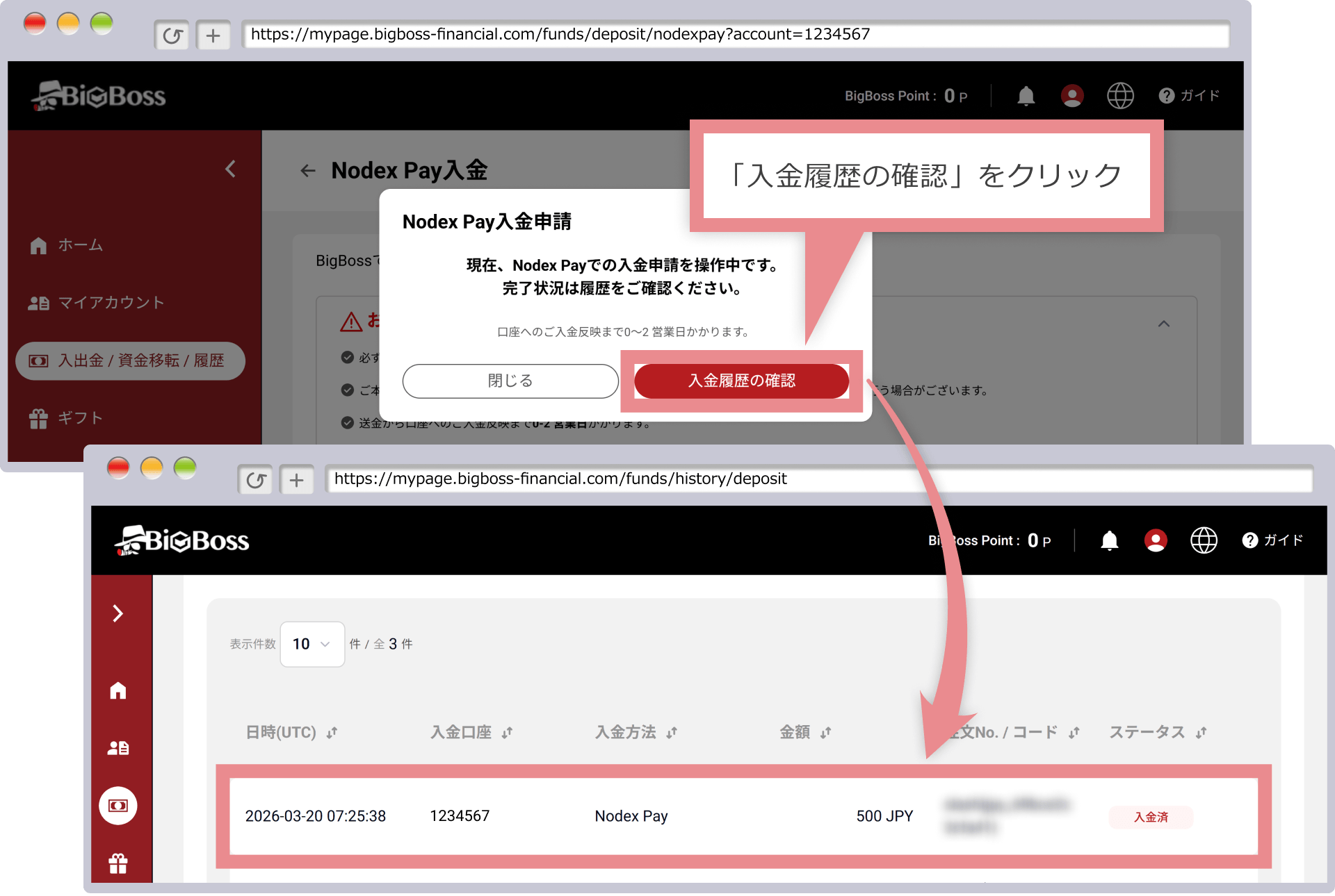 Nodex Payでの入金申請を操作中