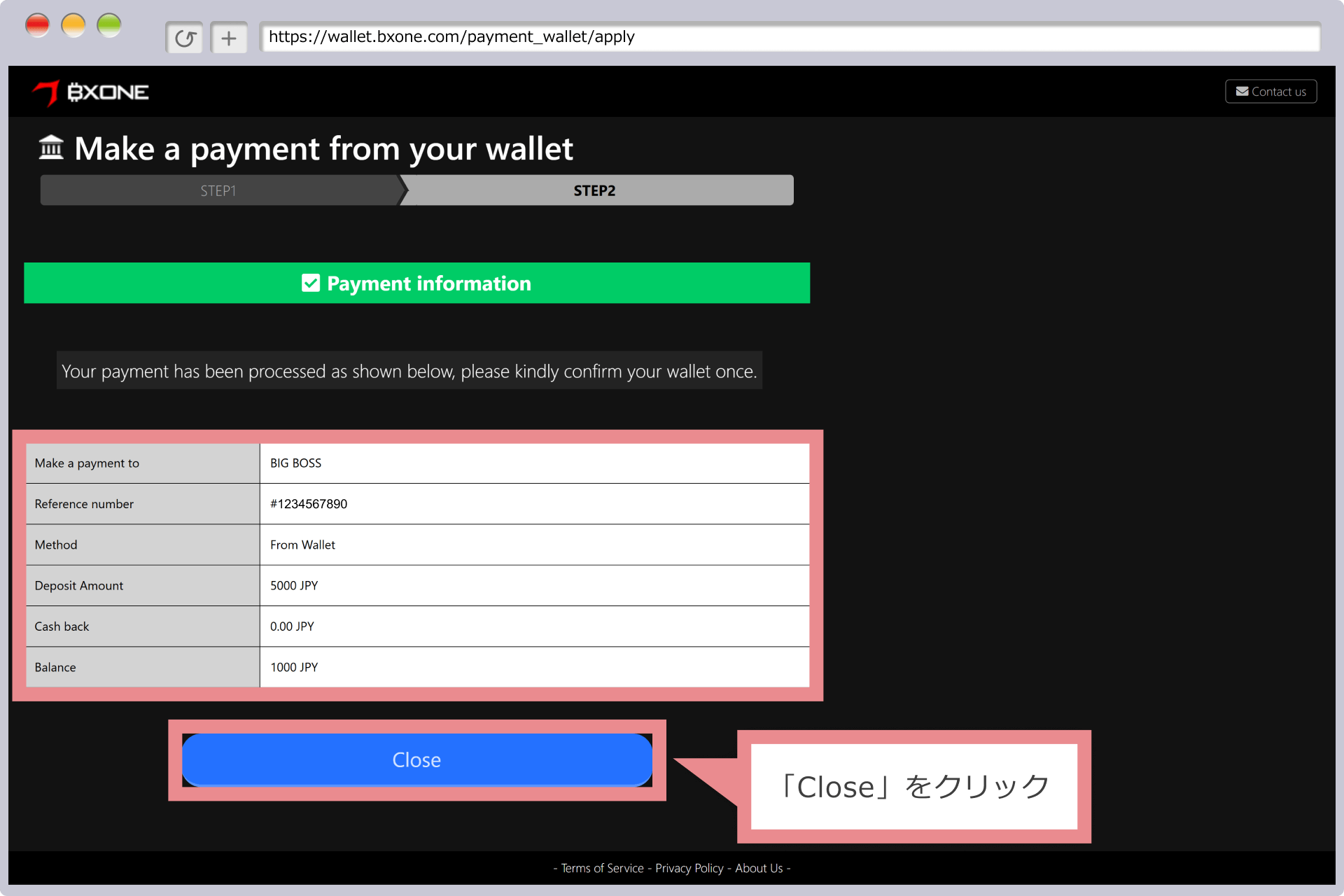 BXONEの決済手続き完了