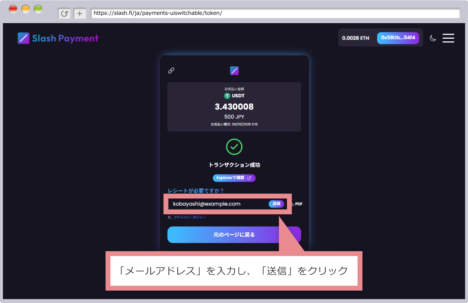 メールアドレスの入力と送信