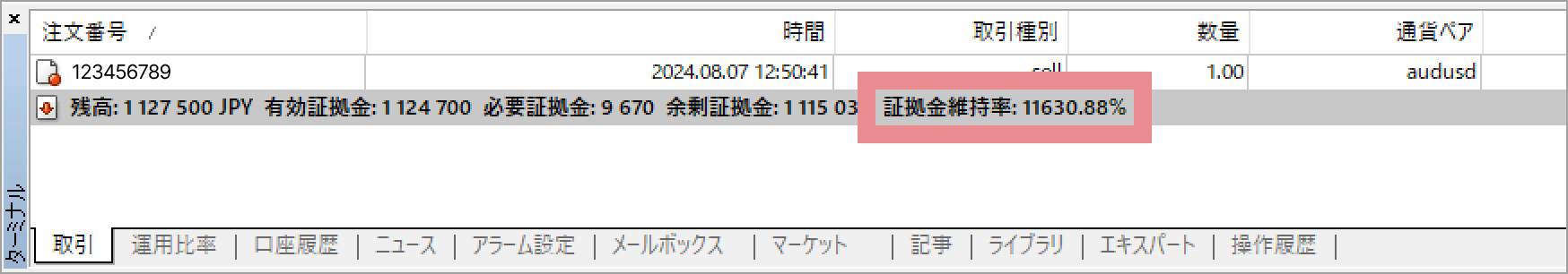 MT4/MT5での証拠金維持率の表示位置
